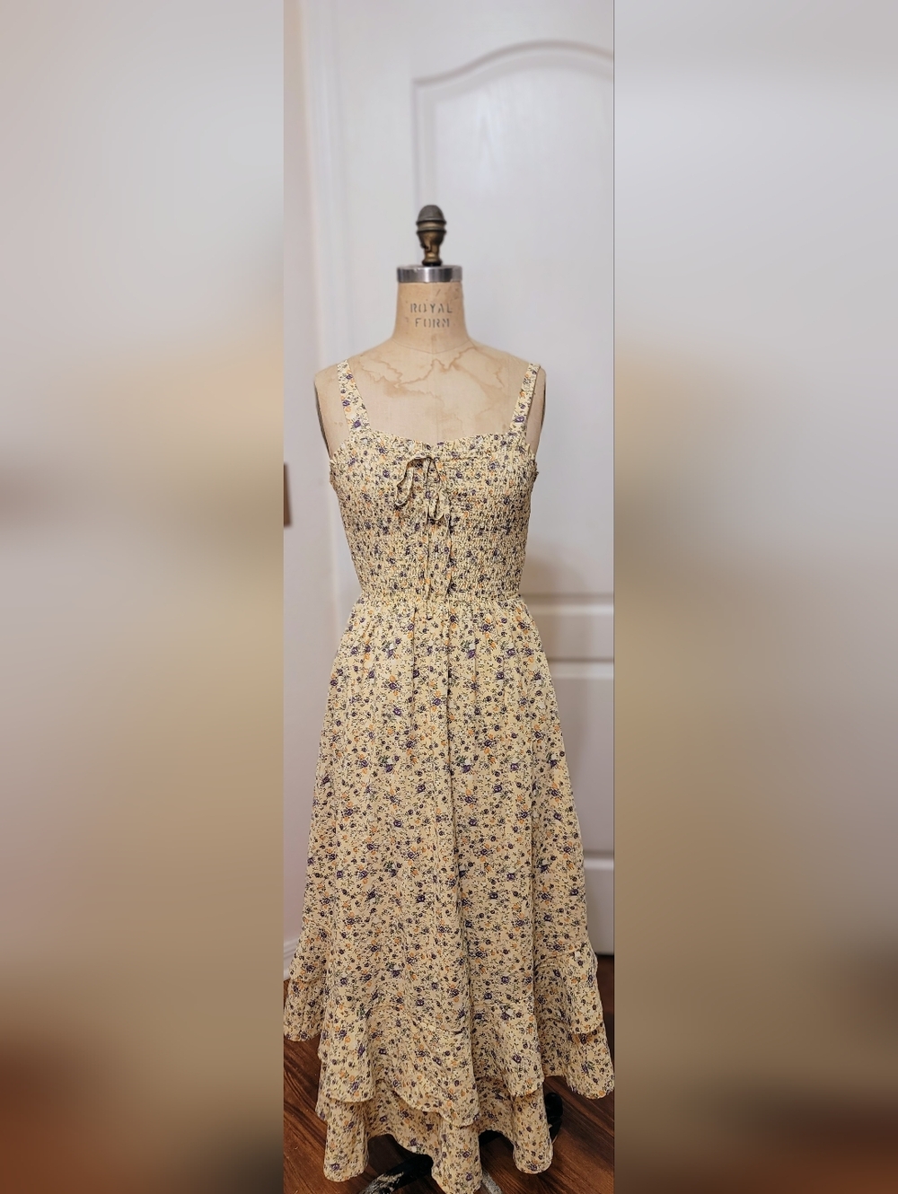 Grace Karin strapped bohemian floral midi dress with a smocked bodice and tiered
